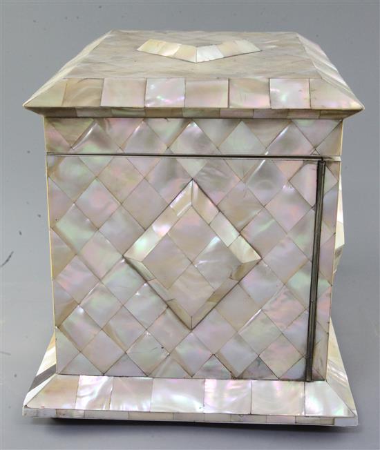 A Victorian mother of pearl and ivory work casket, width 12in. depth 8.75in. height 9in.